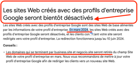 Fermeture des sites web Google Business Profile